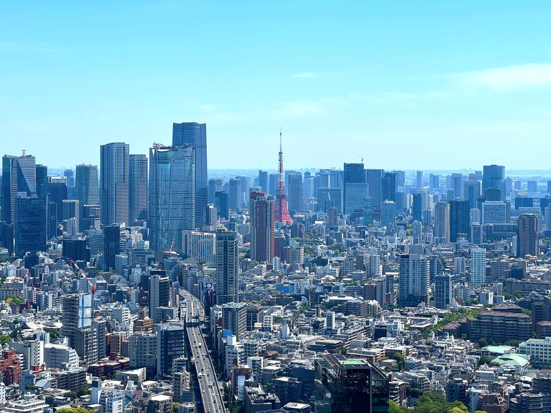 Daytime view of the Tokyo skyline with Tokyo Tower, seen from an observation deck