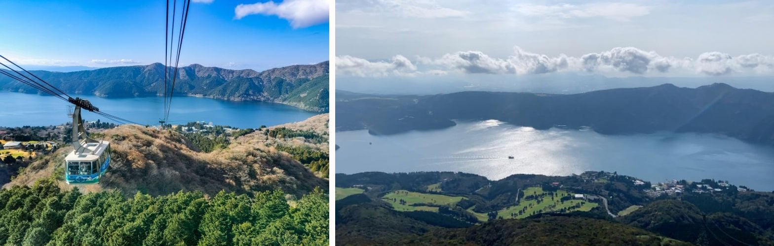 The Hakone Komagatake Ropeway gondola over the lakeshore, and the summit view across Lake Ashinoko