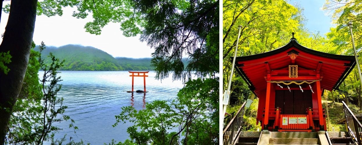 A torii gate rising from the lake framed by forest branches, and the vermillion Kuzuryu Shrine building among green trees