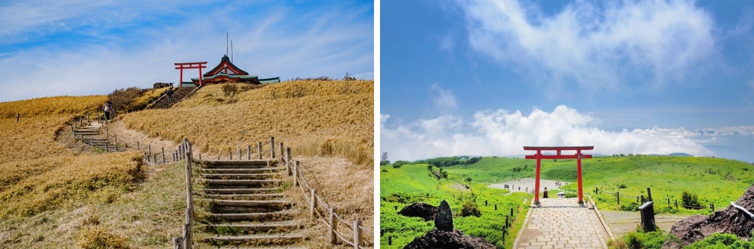 The stone staircase leading up to the summit torii and shrine, in autumn and in summer green