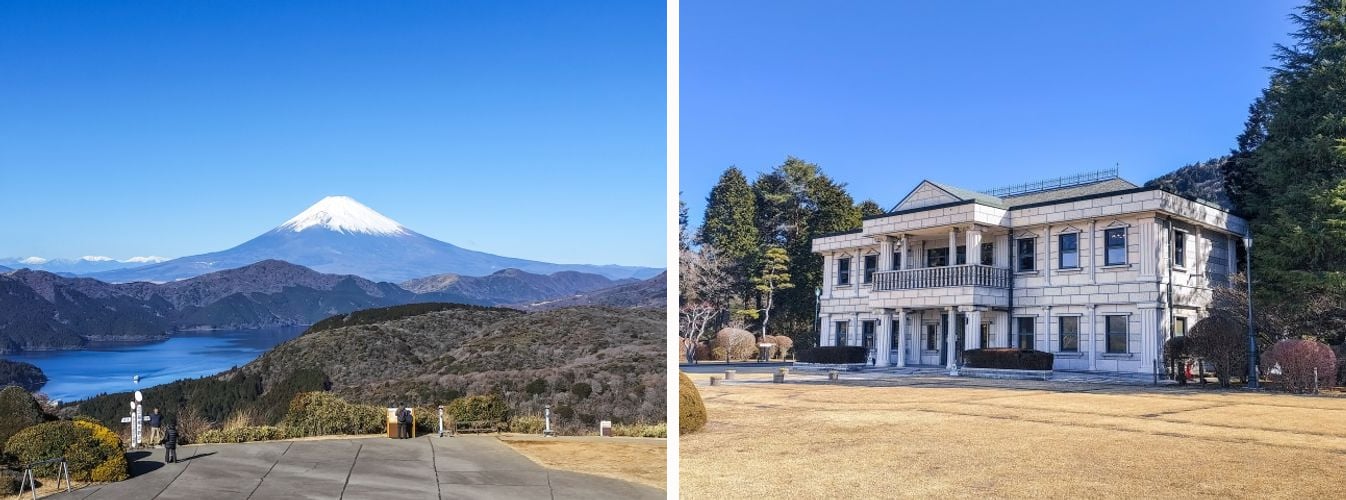 The view of Lake Ashinoko and Mount Fuji from the park's observation deck, and the white-walled Lakeside Observation Building