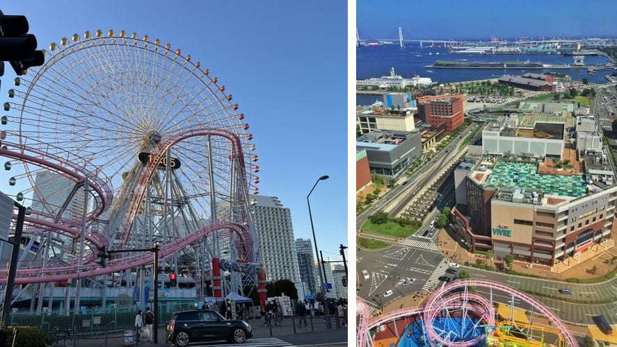 The Cosmo Clock 21 Ferris wheel and Vanish roller coaster at street level, and an aerial view of the Cosmo World area with the coaster loop in the foreground