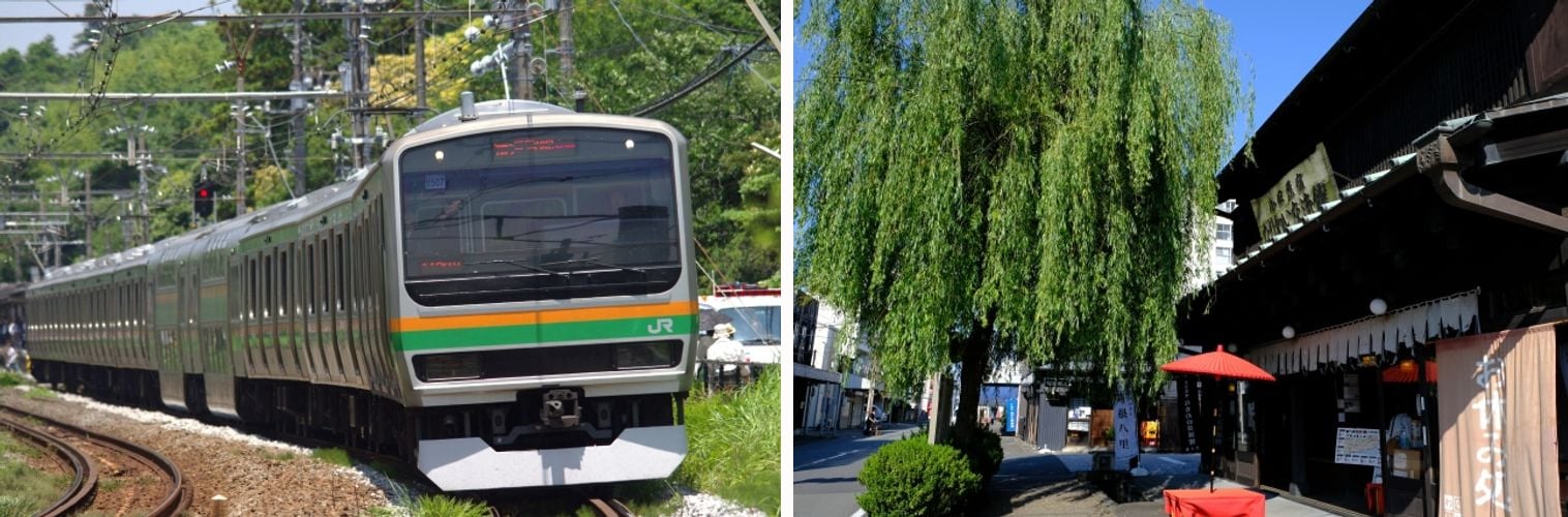A JR train arriving at the station, and Odawara's old-town shopping street with a willow tree and traditional storefronts