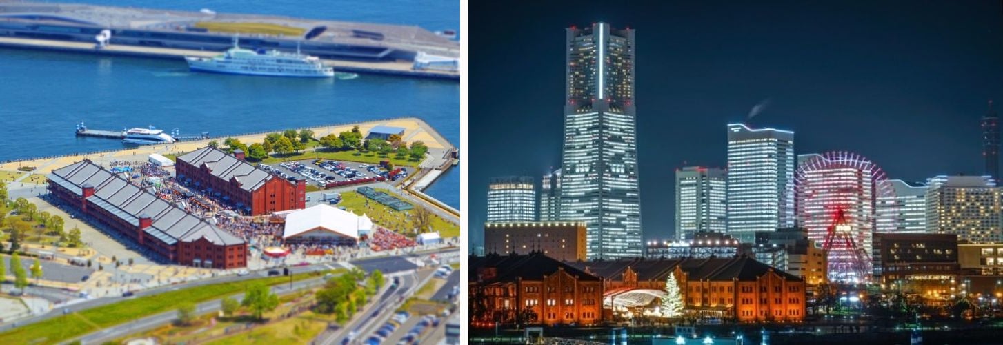 An aerial view of the Red Brick Warehouse complex on the waterfront, and the Minato Mirai skyline lit up at night with the warehouse in the foreground