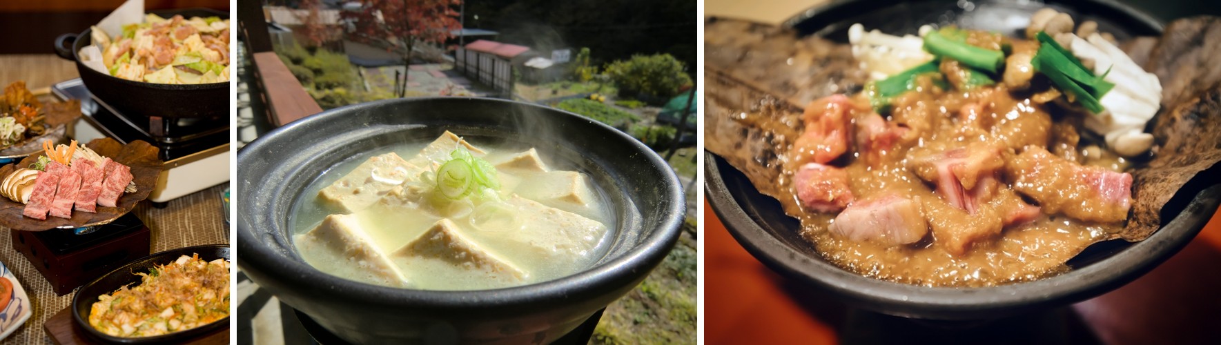 Hida beef, hoba miso, and tofu hot pot — regional specialties found throughout the Hida area
