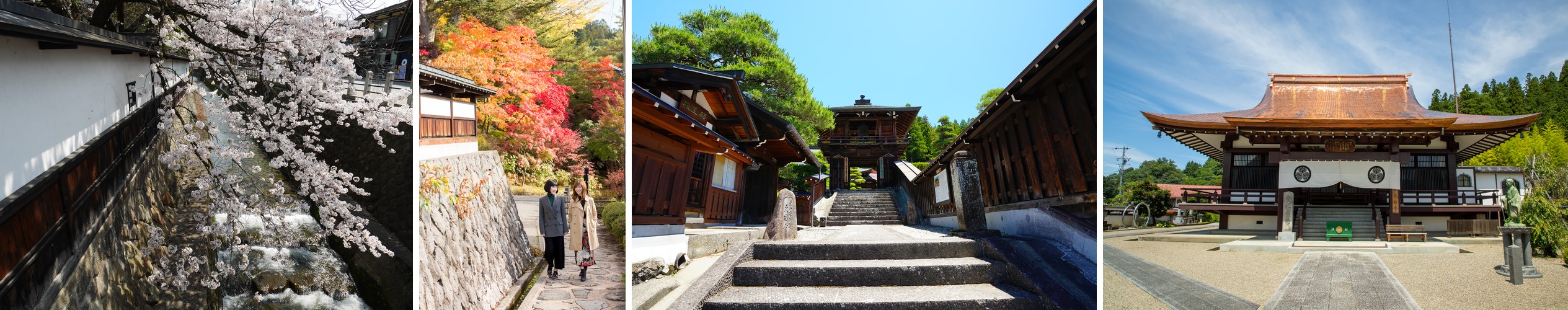 The Enako River in cherry blossom season, walkers along the Higashiyama Walking Course in autumn, and the temples Unryuji and Daioji along the route