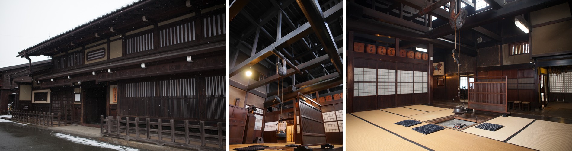 The snow-dusted exterior of Kusakabe Traditional House, and two views of its soaring open atrium with the traditional sunken hearth