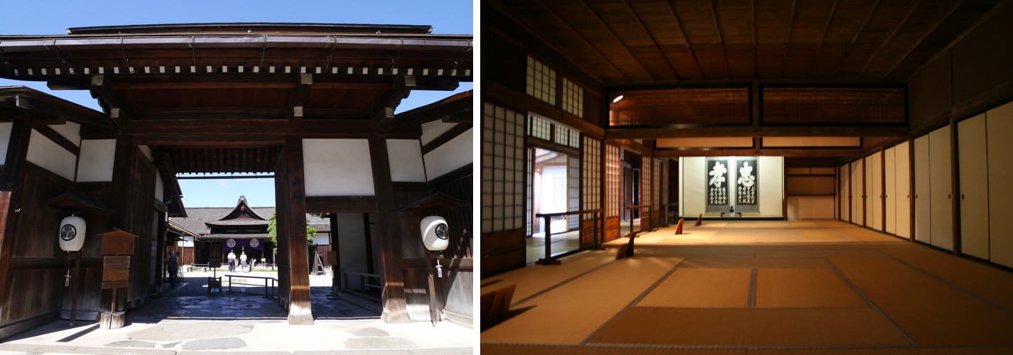 The historic entrance gate of Takayama Jinya, and the tatami-matted great hall (Ohiroma) inside