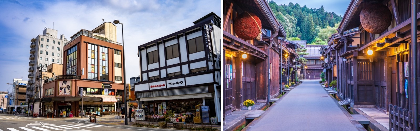 A modern street near JR Takayama Station lined with hotels and shops, and the atmospheric old streets of Sanmachi Suji lit up at dusk
