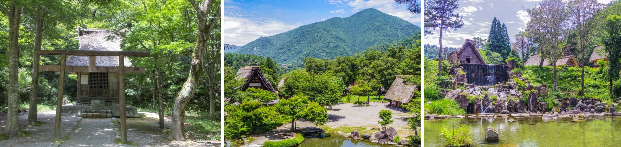 A thatched-roof shrine among the trees, an overview of the open-air museum grounds with mountains behind, and its water mill by a small waterfall and pond