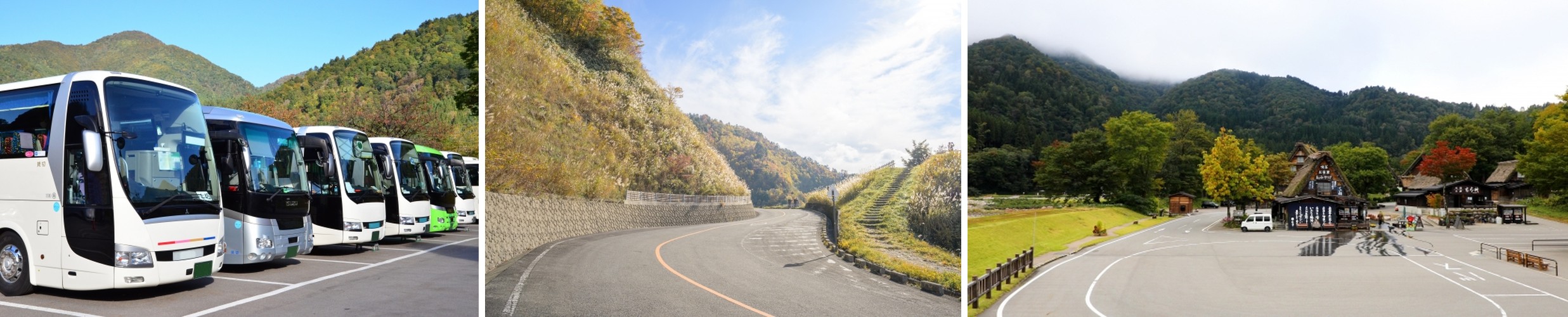 A row of parked highway buses framed by autumn mountains, a mountain road en route to Shirakawa-go, and the Shirakawa-go bus terminal area with mist-covered hills behind