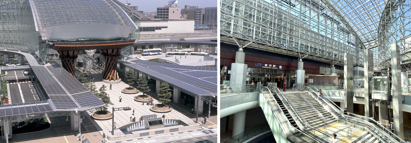 An elevated exterior view of Kanazawa Station’s Tsuzumi Gate and Motenashi Dome, and the escalators inside the station beneath the dome’s glass ceiling