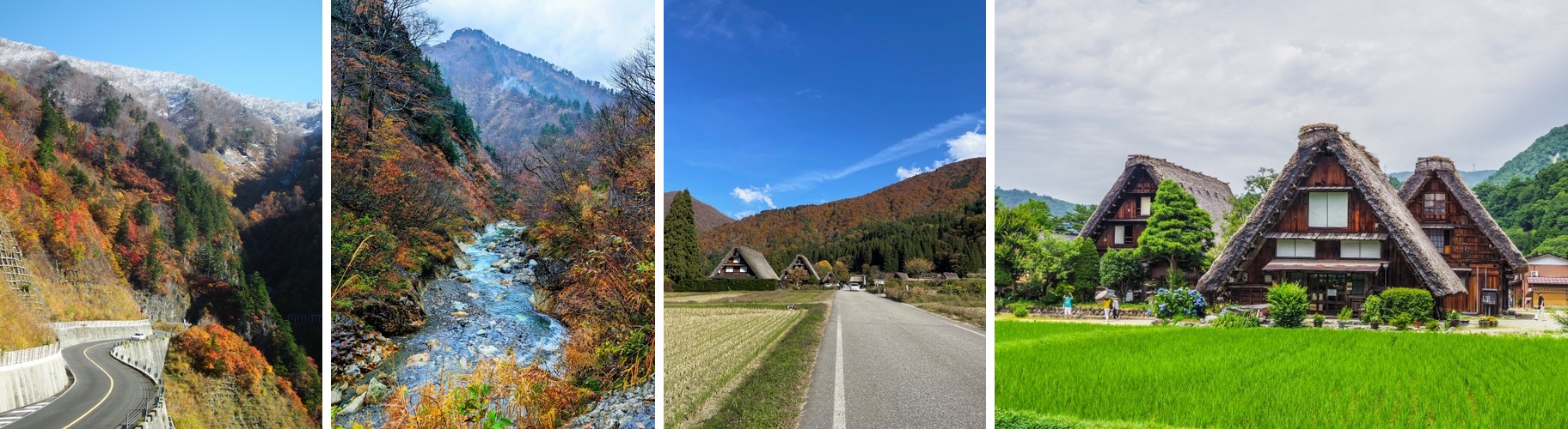 A mountain road winding through autumn foliage, a river gorge along the route, a country road approaching thatched gassho-zukuri houses, and a close-up of the houses in Shirakawa-go