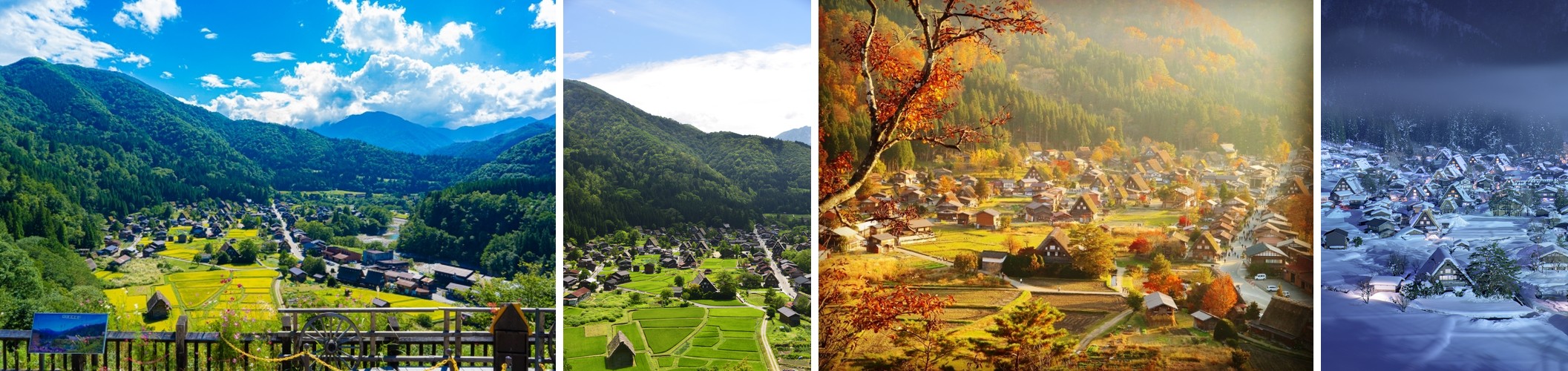 The view from Shiroyama Tenshukaku Observation Deck over Ogimachi village in summer, early summer, autumn foliage, and under winter snow at night