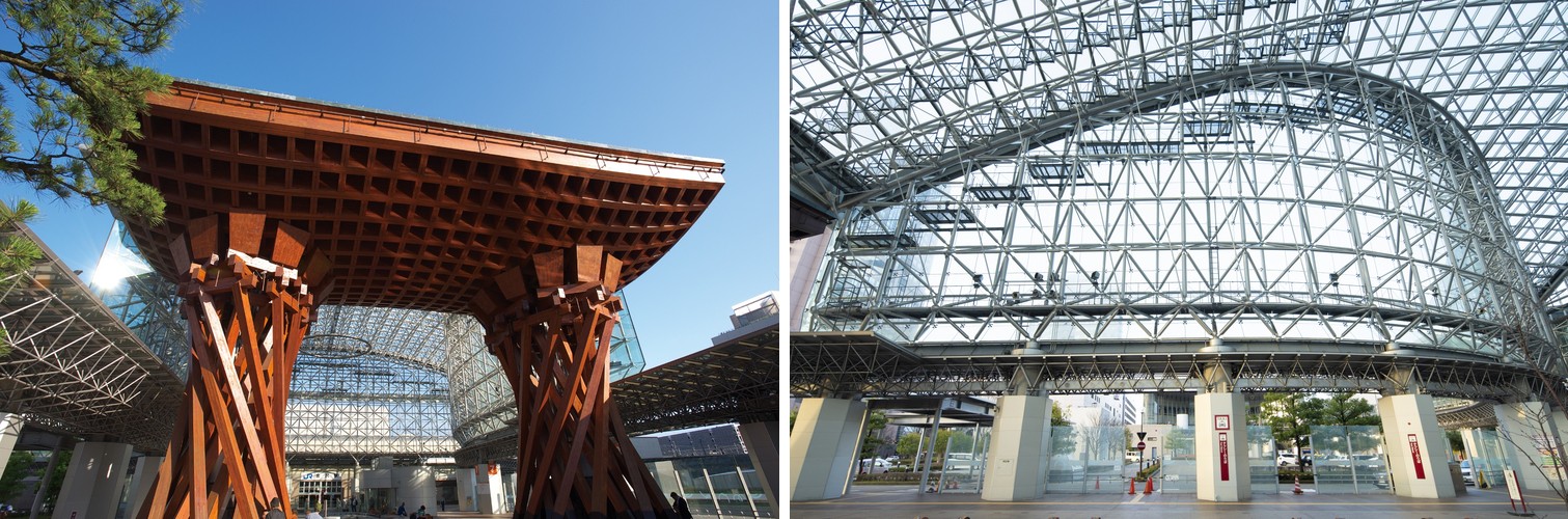 The wooden Tsuzumi Gate seen from below, and the steel-and-glass lattice of the Motenashi Dome it stands beneath