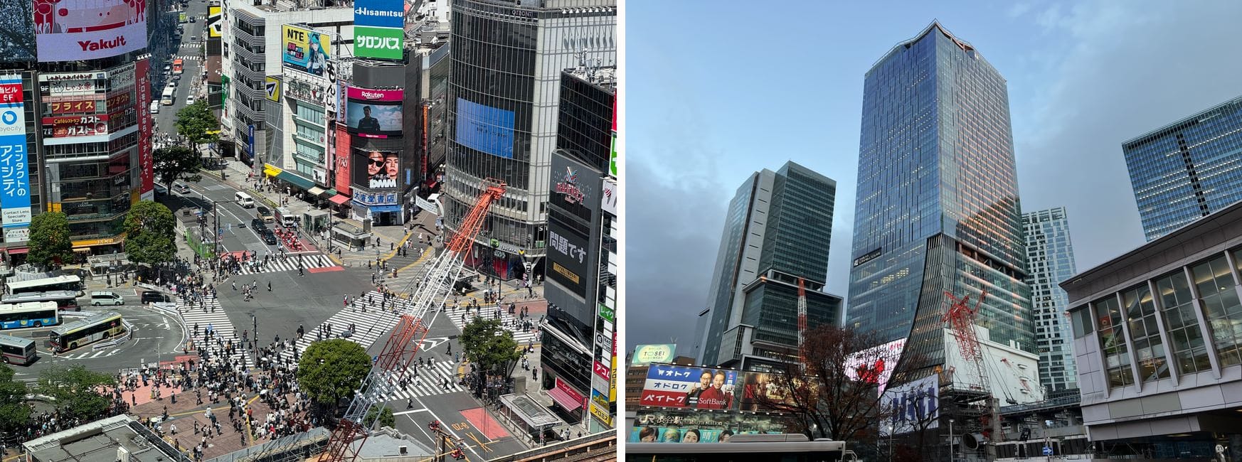 The Shibuya Scramble Crossing seen from above, and Shibuya Scramble Square rising above the streets