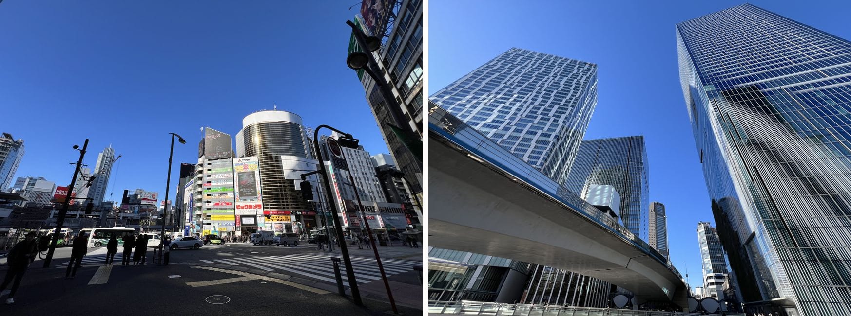 A quieter Shibuya intersection by day, and glass office towers over an elevated walkway