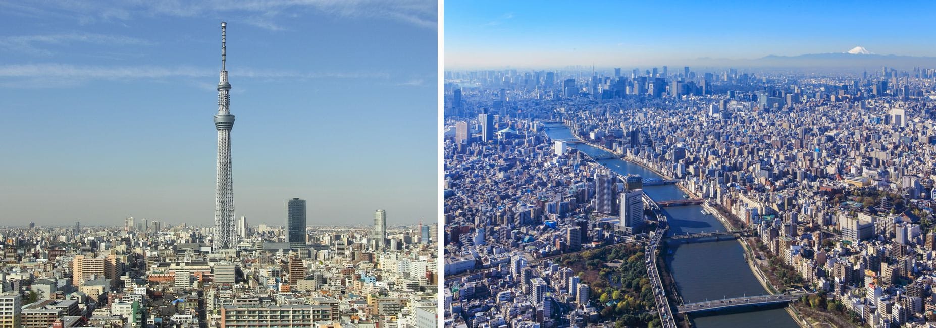 Tokyo Skytree seen from a distance, and the view over the Sumida River and Tokyo from its observation deck