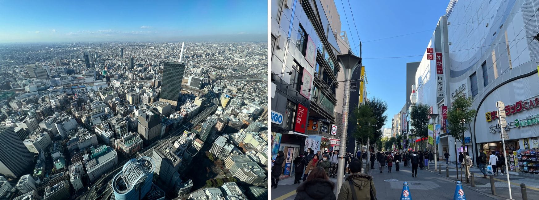 A view over the city from an Ikebukuro observation deck, and a busy Ikebukuro shopping street