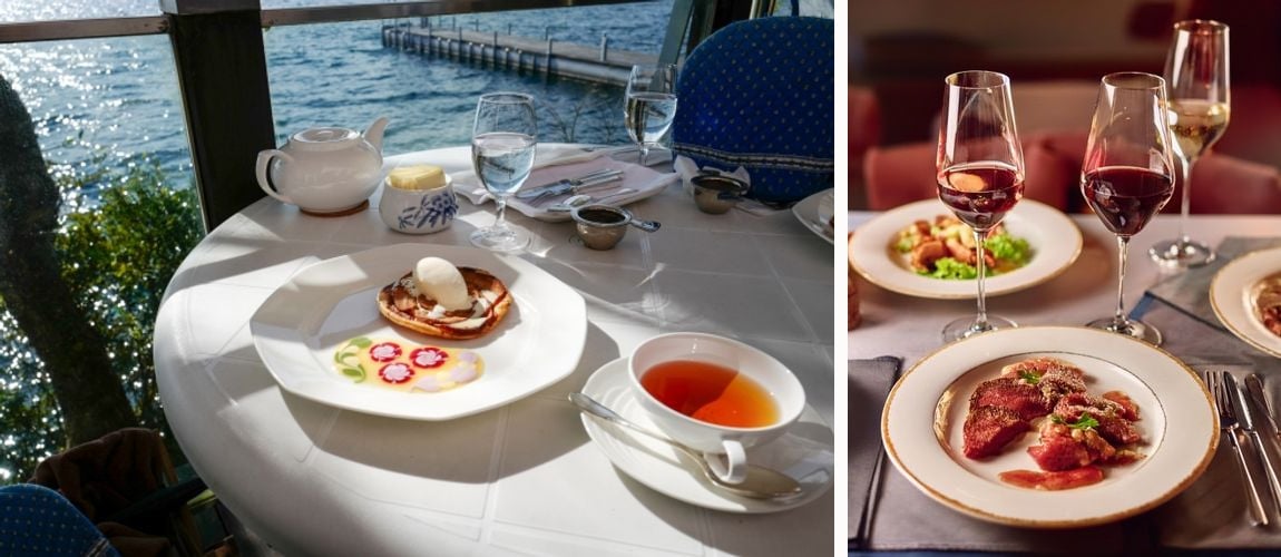 Afternoon tea on a lakeside terrace, and an elegant dinner table with wine