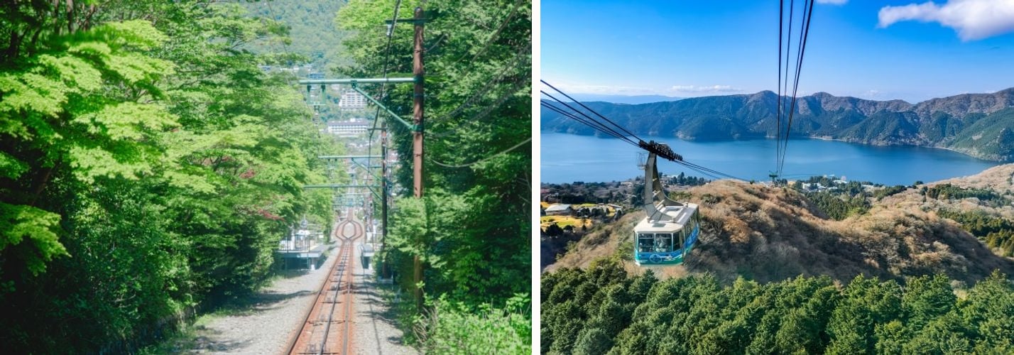 The Hakone Tozan Line railway climbing through forest, and the Hakone Ropeway gondola over Lake Ashinoko