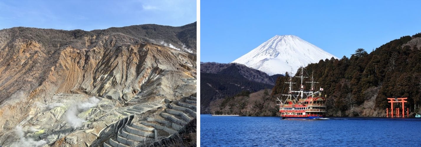 The volcanic Owakudani valley, and the Hakone Sightseeing Cruise pirate ship on Lake Ashinoko with Mount Fuji and a torii gate behind