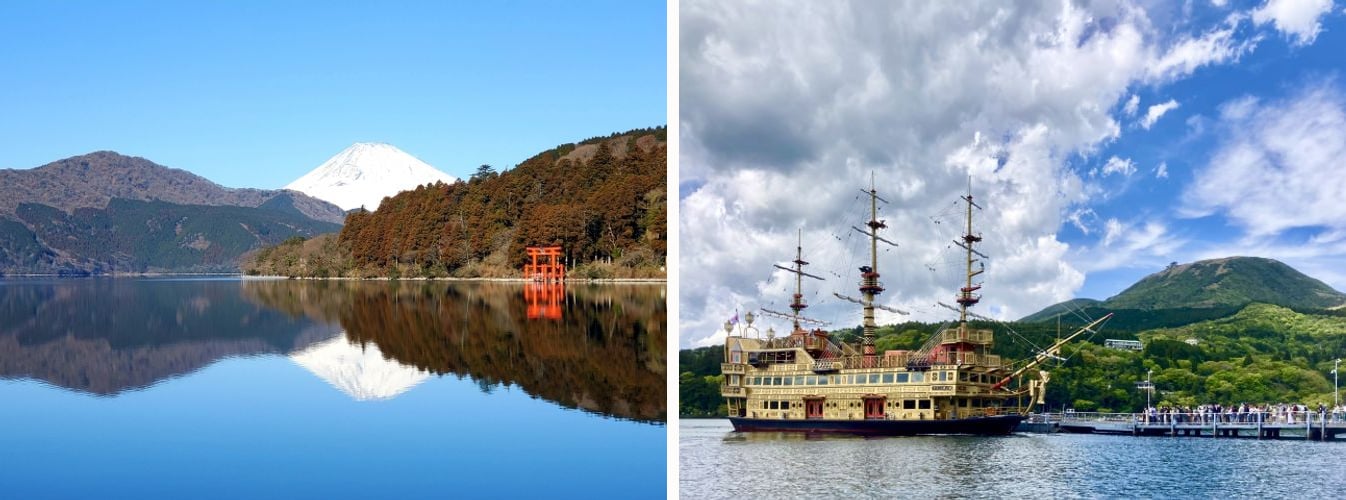 Lake Ashinoko with Mount Fuji and a torii gate reflected in the still water, and the Hakone Sightseeing Cruise pirate ship at port