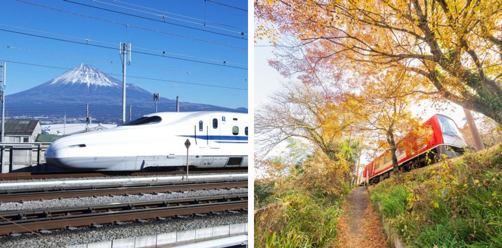 The Tokaido Shinkansen passing Mount Fuji, and the Hakone Tozan Railway train amid autumn foliage