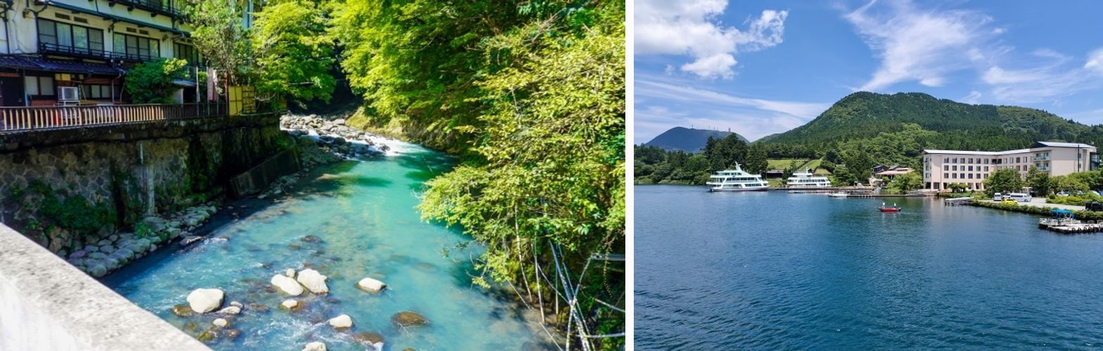 A ryokan by a clear river in Hakone-Yumoto, and a lakeside hotel with sightseeing cruise ships on Lake Ashinoko