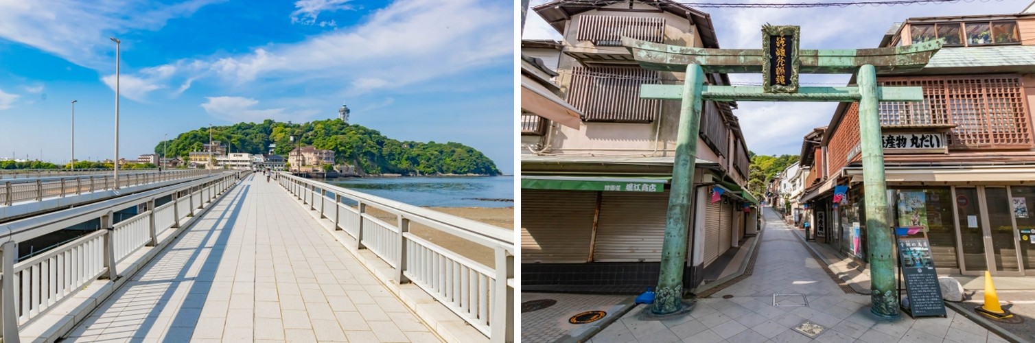 The Enoshima Benten Bridge leading out to the island, and the historic bronze torii gate at the entrance to its shopping approach