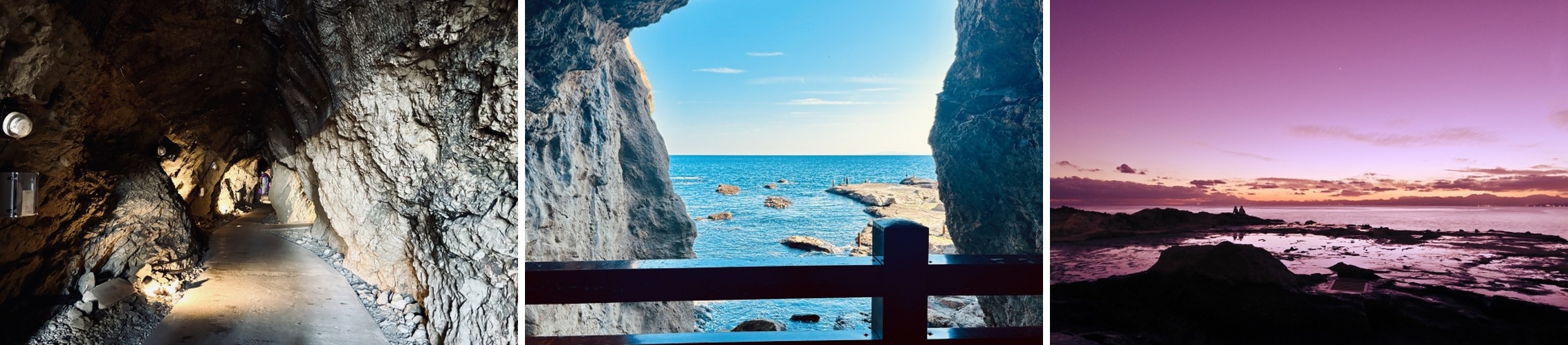 The dimly lit passage inside the Enoshima Iwaya Caves, the view out to the sea from within, and a rocky tidepool shoreline at sunset