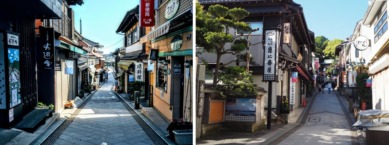 A quiet Enoshima shopping street lined with traditional storefronts, and the same approach street busy with evening diners near Tobicho