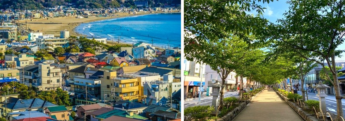 An aerial view over Kamakura’s coastal town and Yuigahama beach, and the tree-lined stone-lantern approach toward Tsurugaoka Hachimangu