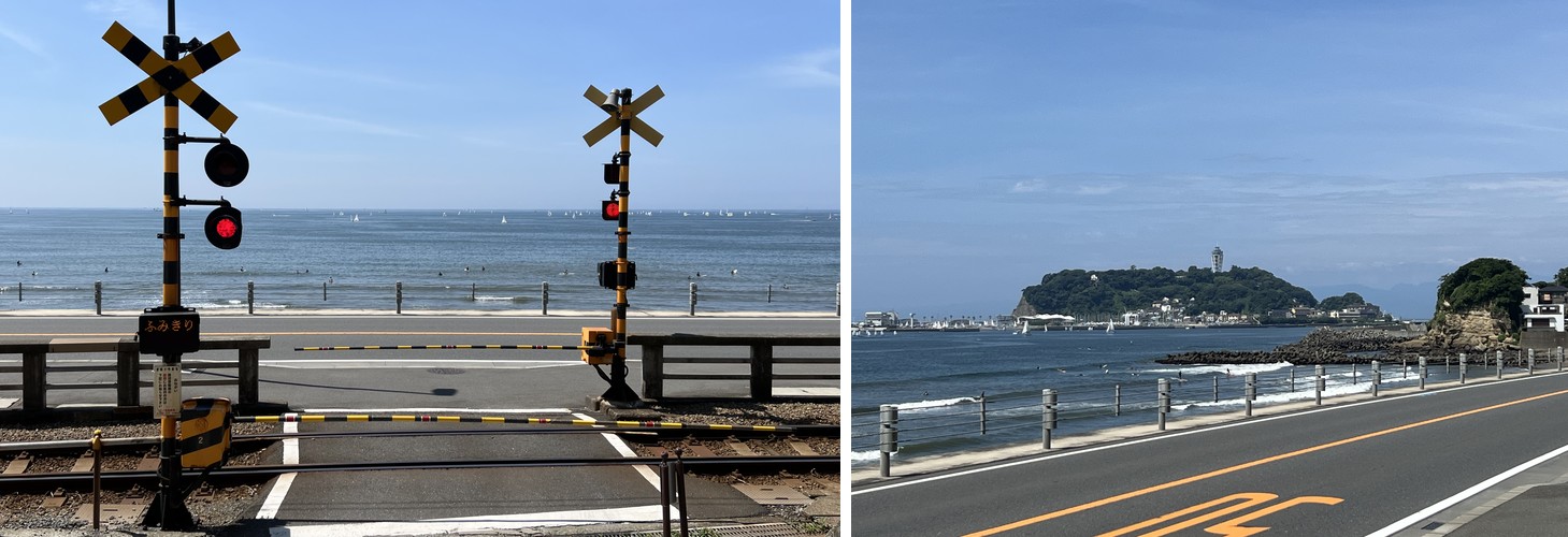 The railway crossing at Kamakurakokomae Station overlooking the ocean, and the coast road with Enoshima island in the distance