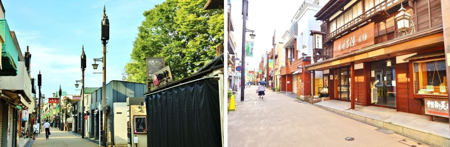 A quiet stretch of Komachi-dori lined with shop signs and lamp posts, and a traditional wooden storefront along the street
